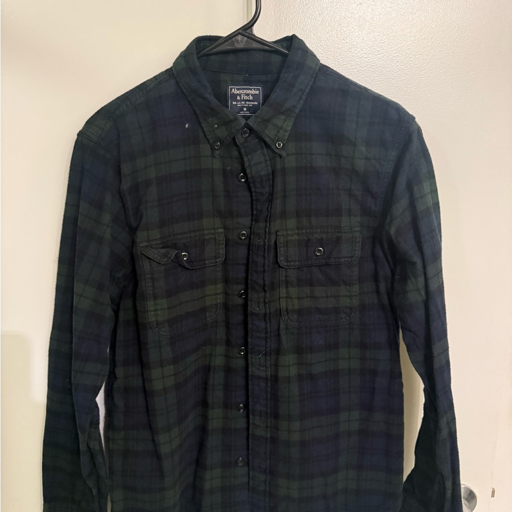 Abercrombie & Fitch Men's Dark Green and Navy Plaid Shirt